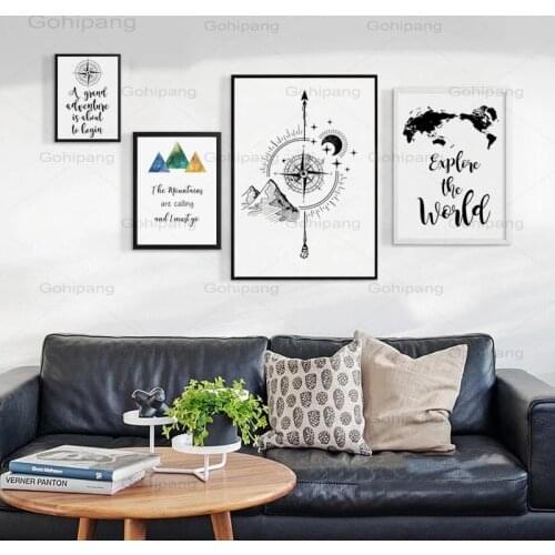 Canvas Painting Adventure Phrase Compass Mountain Map Wall Art Poster Artwork Modular Picture Poster Living Roomhome Decoration