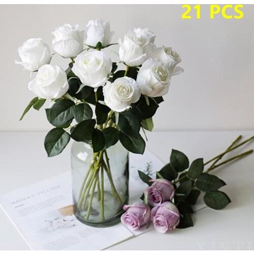21Pcs Rose Artificial Flower Red White Silk Fake Flower Party Home Wedding Birthday Decoration Valentines Photography Props