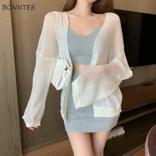 Cardigans Women Loose Solid Thin Summer Sun-proof Elegant Minimalist Ladies Beach Holiday Lazy Long Sleeve Knitted Sweater Mujer