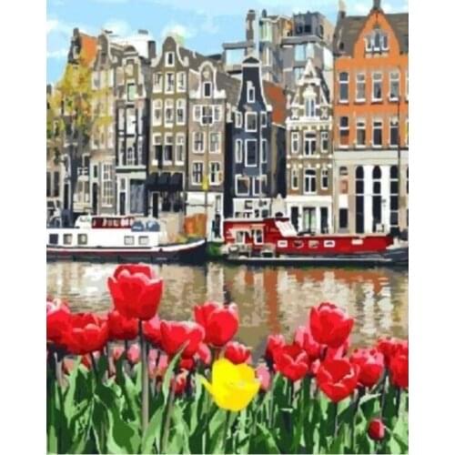 Painting By Numbers DIY Dropshipping60x75cm Tulip Town Landscape Decor Posters and Prints Modern Living room Artwork Picture
