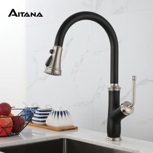 Single handle drop down kitchen faucet with nozzle, all copper single hole pull-out three-function nozzle kitchen sink faucet