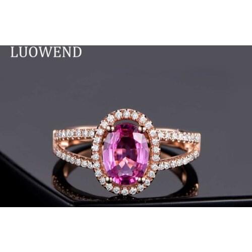 LUOWEND 18K Rose Gold Ring Natural Pink Sapphire Jewelry Oval Shape Halo Design Diamond Ring Gemstone Ring Anniversary Gift