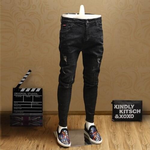 Fashion Men Jeans Ripped Slim Fit Black Stretch Pencil Pants for Cowboys Clothing PSMJ69