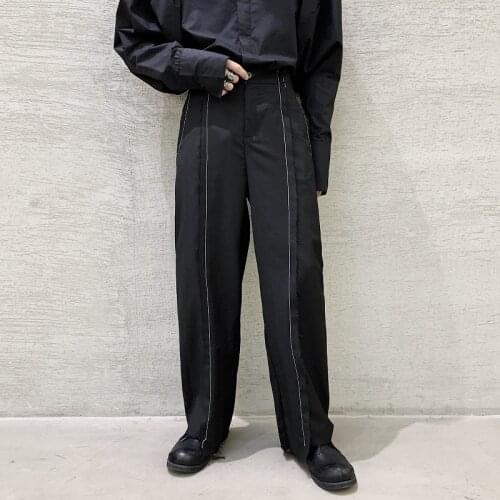 2021 Men Vintage Old Fringe White Line Wide Leg Casual Pant Male Japan Harajuku Style Street Fashion Show Trousers Suit Pant