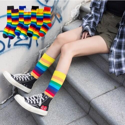 5 Pairs Rainbow Elastic Lovely Spring Autumn Women Socks Candy Color Stripes Sweet Preppy Style Students Trend Kawaii Knee-Socks