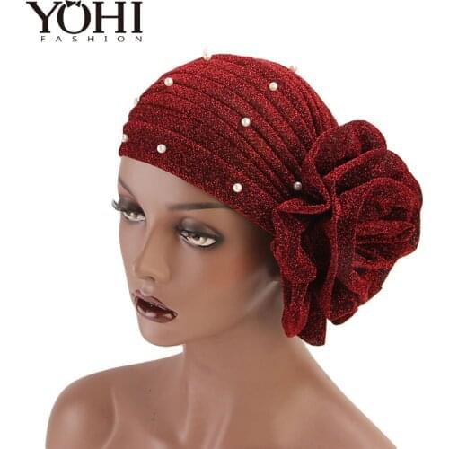 2018 New luxurious Women Muslim beaded glitter Turban India Cap Big Flower Headband Wedding Party Hair Accessories