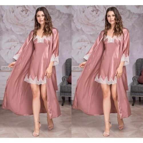 2020 Two Pieces New Sexy Lingerie Red Womens Ladies Bride Robes Kimono Robe Satin Silk Lace Night Wear Gown Sleepwear
