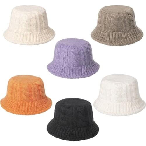 Women Men Chunky Cable Knit Hip Hop Bucket Hat Autumn Twist Striped Crochet Solid Color Sunscreen Windproof Warm Packable 28GD