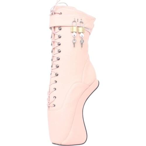Sexy Ankle Boots 7" Super High Hoof Heel Ballet Stilettos Lockable Keys Zip Lace-up Boots