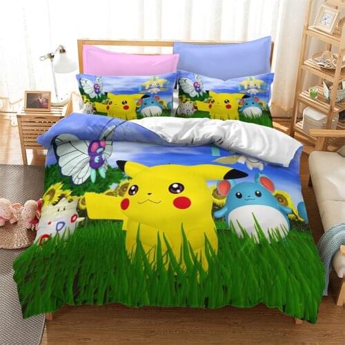 Pikachu bedding three-piece childrens cartoon boy Pokemon bedroom comforter set bed sheet set twin size home girl cute Cartoon