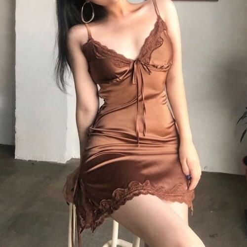 QWEEK Silk Sling Night Dress Women Sexy Sleepwear Lace Nightgown Femme Summer Dress 2021 Nightwear Nighty for Ladies Mini Skirt