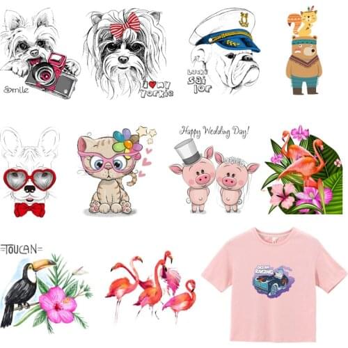 Cute Animal Patch Heat Transfer Dog Cat Flamingo Stickers for Clothing DIY T-shirt Dress Tiger Pig Applique Thermal Press Decal