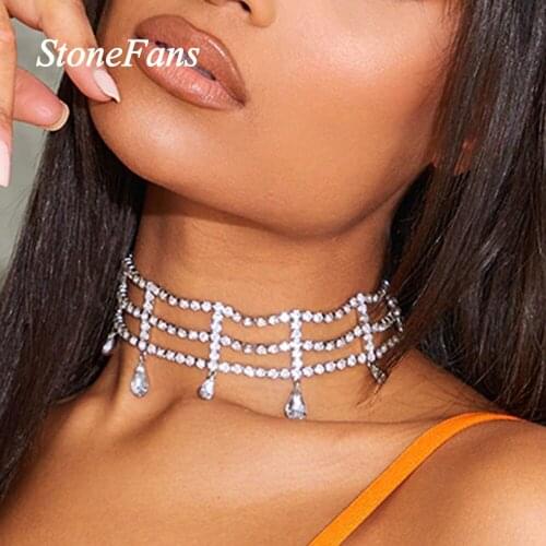 Stonefans Fashion Multilayer Rhinestone Chain Choker Necklace for Women Bling Crystal Drop Pendant Necklace Statement Jewelry