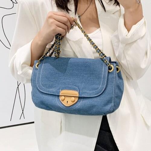 Blue Denim Shoulder Messenger Bags for Women 2021 New Brand Designer Purses and Handbags Female Soft Canvas Chain Crossbody Bag