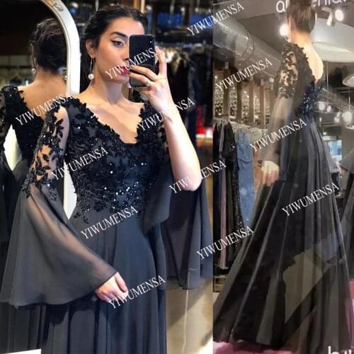 Navy/Black V Neck Long Sleeves Chiffon Prom Dresses Formal Party Gowns Appliques Beaded Floor Length Evening Dress Plus Size