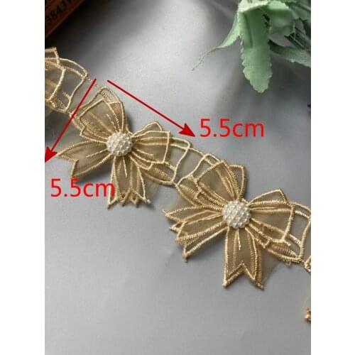 1 Yard Gold Mesh Bowknot Rhinestones Embroidered Lace Trim Ribbon Patches Applique Fabric DIY Wedding Dress Sewing Supplies