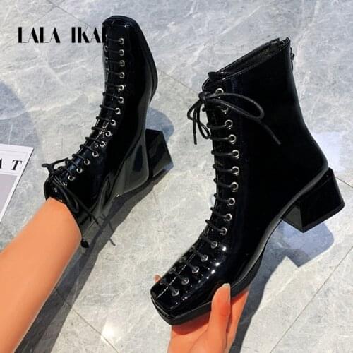 LALA IKAI Women Ankle Boots 2020 Autumn Winter PU Lace-up Women Boots PU Leather Waterproof Med Heels Shoes woman XWC10303-4