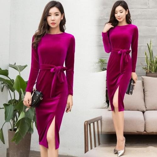 Women Autumn Winter Dresses Long Sleeve O-Neck Red Velvet Dress Pencil Sexy Evening Party Dresses Christmas Robe Femme