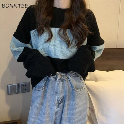 Sweaters Women Simple Lovely Chic Patchwork Design Fall Basic Ladies Knitted Clothing All-match Harajuku Sweet Girls Pullover