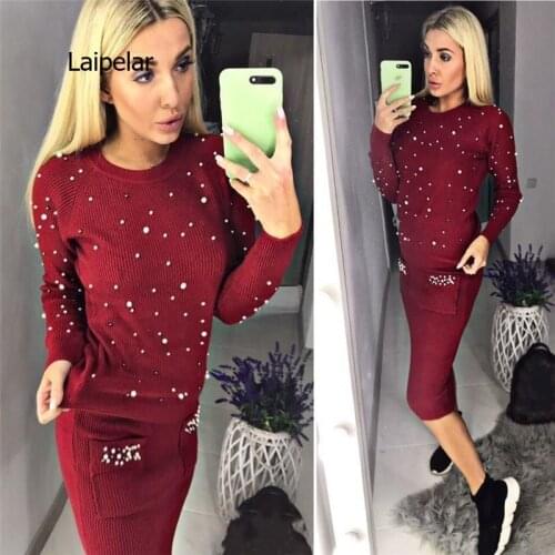 High Waist Knitted Skirt Women Two Piece Warm Set O-Neck Pearl Beading Knitted Pullover Pencil Skirt Women Elegant 2 Piece Suits