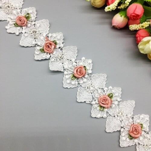 20x 5CM Diamond Rhinestones 3D Rose Flowers Soluble Fabric Lace Trim Ribbon Embroidered Handmade Applique Wedding Sewing Craft