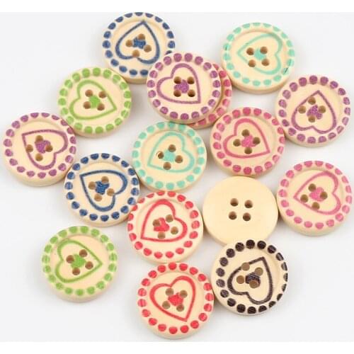 50pcs 20mm natural Color Round Heart Pattern Wooden Buttons For Clothes Decoration Scrapbooking Home DIY Sewing Accessories