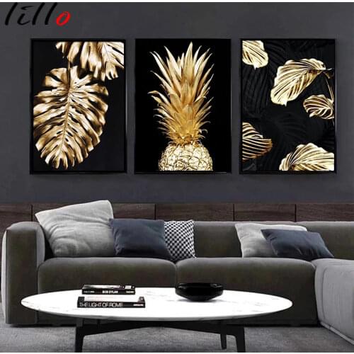 Can be customized Abstract image golden plant leaf nordic black wall art modern canvas decor poster and print home room decor
