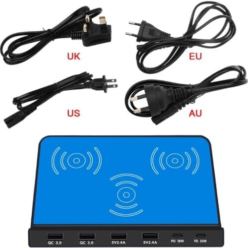 6Port 30W Type C PD QC3.0 USB Fast Charger 10W Wireless Charger Station Stand