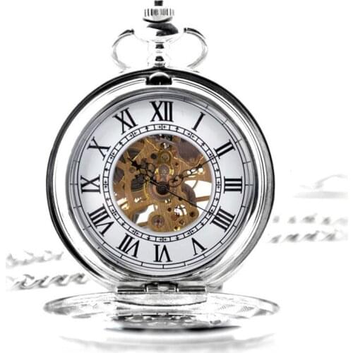 Silver White Retro Hollow Skeleton Automatic Mechanical Pocket Watch Mens Watch Vintage Hand Wind Clock Shield Necklace Gift