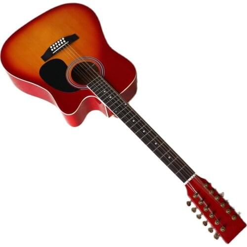 41 Inch Cherry Color 12 String Electric-acoustic Guitar with EQ Tuner Function High Gloss Finish Folk Guitar with Small Flaws