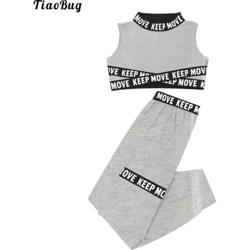 TiaoBug Summer 2Pcs Kids Girl Sport Suit Round Neck Sleeveless Letter Printed Webbing Stitching Crop Tops And Leggings Tracksuit