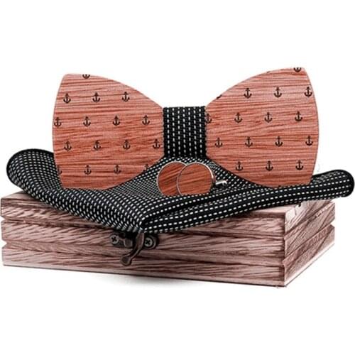 Linbaiway Luxury Men Wooden Bowtie Fashion Wood Bow Ties+Handkerchief+Cufflinks+Wood Box Set Wedding Necktie Man Shirt Gifts