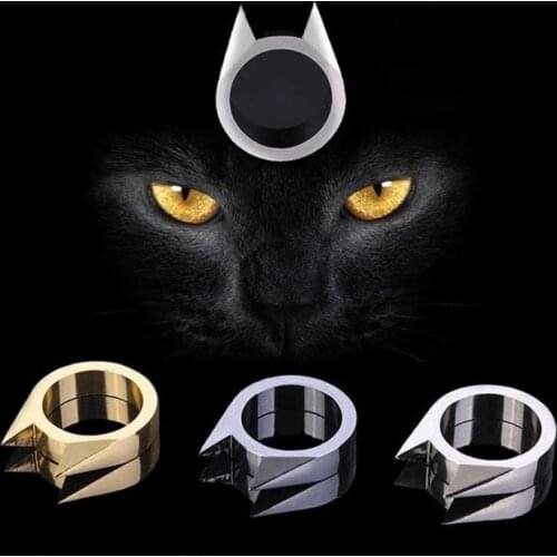 Megin D Stainless Steel Glass Broker Gear Self Defense Tool Cat Ear Vintage Rings for Women Men Couple Friends Gift Jewelry Anel