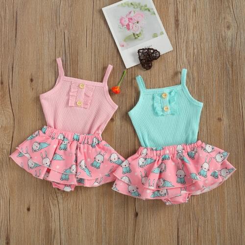 2Pcs Fashionable Baby Girls Clothes Summer Breathable Solid Color Sleeveless Suspender Romper + Bunny Printing Shorts Set