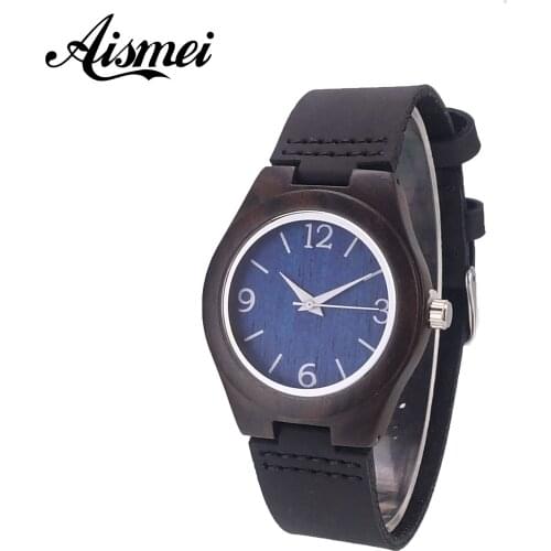 Fashion Brand blue Dial Natural Black Bamboo Wood Women Watch Genuine Leather female Wooden Clock hour Reloj de madera gifts