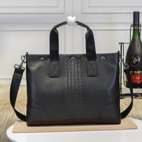 New High Quality Luxury Men Cowhide Top-Handle Bags Fashion Business Woven Bag Cowskin Genuine Leather Designer Shoulder Bags