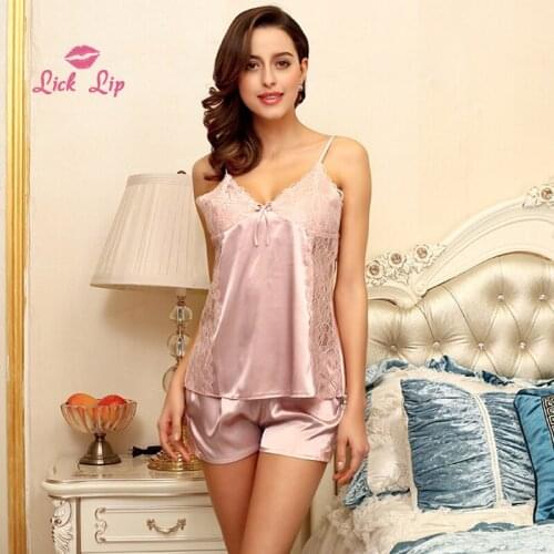 Lick Lip Sexy Lace Transparent Floral Female Nightwear Satin Summer Pajamas Sets Women Spaghetti Strap Lady Nightsuit SWC7015-47