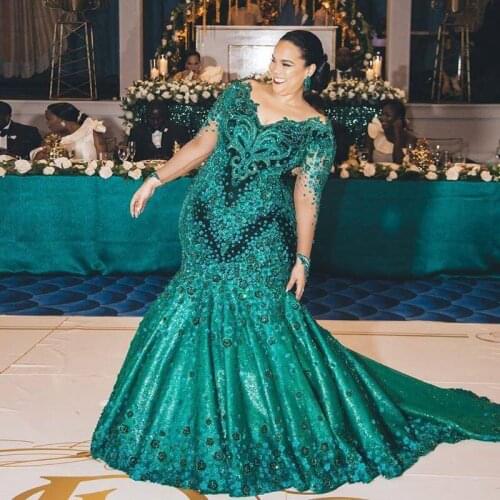 Plus Size Dark Green Mermaid Prom Dresses Sheer Neck Long Sleeve 3D Flower Beaded Formal Arabic Aso Ebi Evening Gowns