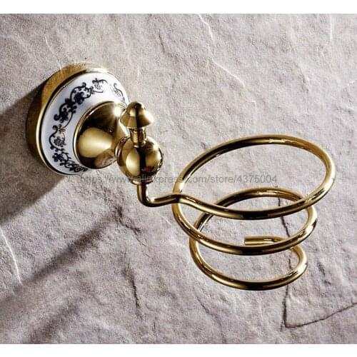 Bathroom Shelves Hair Dryer Holder Rack Golden Brass Hair Drier Storage Spring Hair Blower Shelf Wall Mounted Nba258