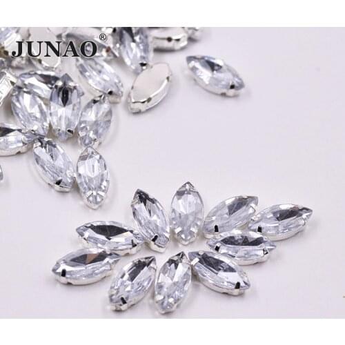 JUNAO 7x15mm 5x10mm Clear White Crystal Sew On Horse Eye Rhinestones Acrylic Gems Flatback Crystal Applique for Clothes Crafts