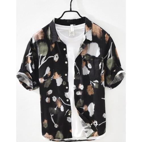 Print Short Sleeve Shirt for Men Summer New Japanese Fashion Turn-down Collar Tops Male Thin Slim Fit Button Up Retro Clothes