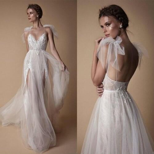 Sexy Spaghetti Beach Wedding Dress Thigh High Slits Lace Appliqued Boho Bridal Gowns Custom Made Vestido De Novia