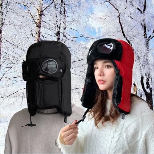 Bomber Hats Winter Russian Ushanka Hat with Ear Flap Warm Men Wind-proof Glasses Trapper Cap Fur Earflap
