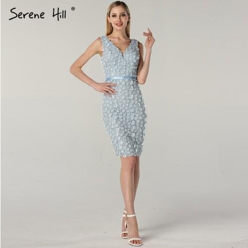 Blue V-Neck Sleeveless Sexy Cocktail Dress Handmade Flowers Pearls Fashion Elegant Evening Gowns 2020 Serene Hill LA6664