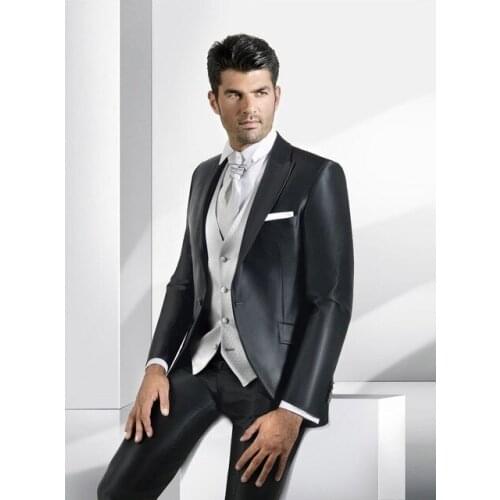 High Quality Two Buttons Shiny Black Groom Tuxedos Peak Lapel Groomsmen Mens Wedding Prom Suits (Jacket+Pants+Vest+Tie) NO:52