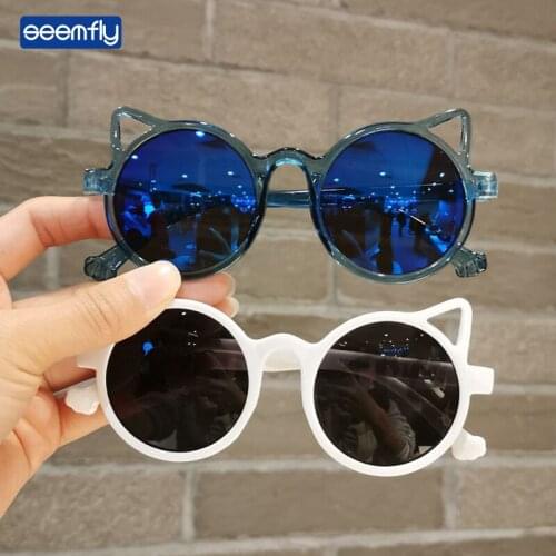 Seemfly 2021 New Children Round Sunglasses Boys Girls Cute Cat Ear Transparent Colorful Clear Lens Sunshade UV400 Sun Glasses