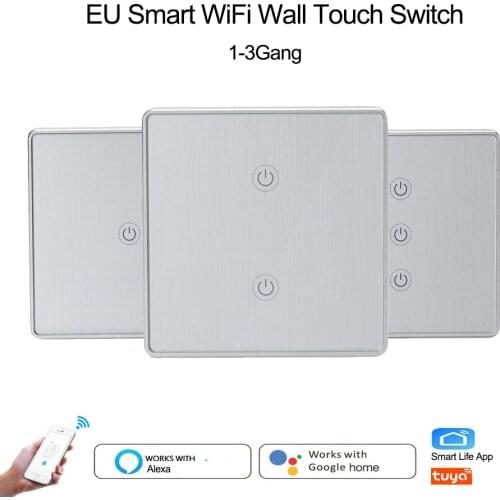 Silver EU 1/2/3 Wifi Smart light Wall Switch Touch Glass Panel smart life APP/Tuya Smart Remote Control works with Alexa Google