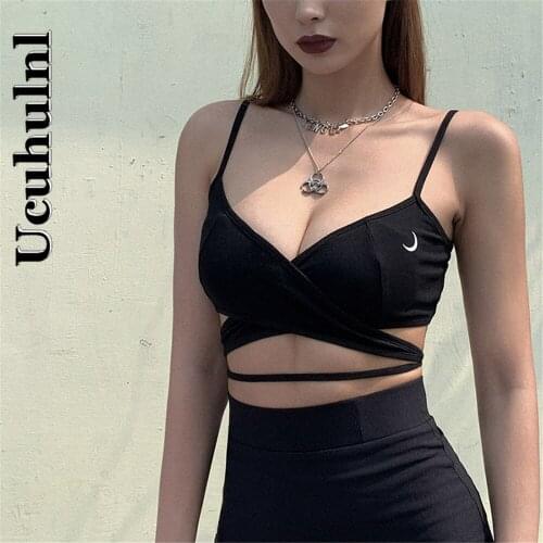 Ucuhulnl Y Demo Sexy Moon Short Lace Up Vest Women V Neck Gothic Strap Sleeve Tops