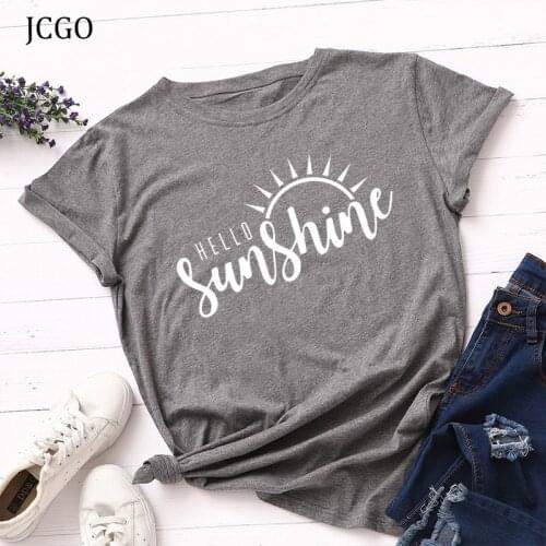 JCGO Summer Women T Shirt S-5XL Plus Size Cotton Sunshine Letters Print Short Sleeve Tees Tops Casual O-Neck Female TShirt