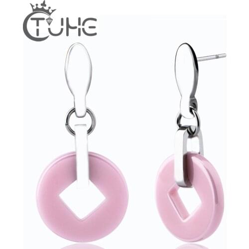 2017 New Arrival Romantic Pink Ceramic Long Earrings Hollow Round Ceramic Women Stud Earring For Women Wedding Gift Bijoux